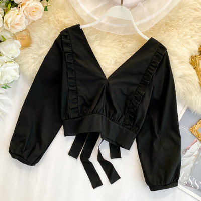 Bluza scurta casual dama cu decolteu spitz si cravate in mai multe culori