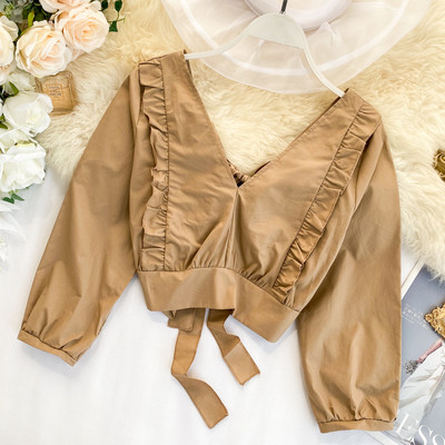 Bluza scurta casual dama cu decolteu spitz si cravate in mai multe culori