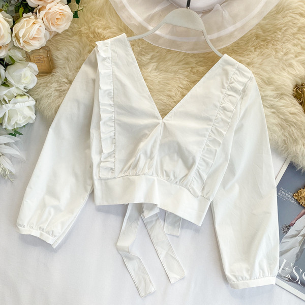 Bluza scurta casual dama cu decolteu spitz si cravate in mai multe culori