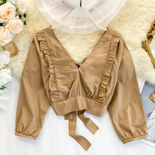 Bluza scurta casual dama cu decolteu spitz si cravate in mai multe culori