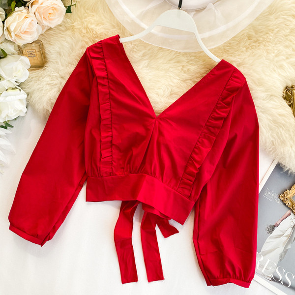 Bluza scurta casual dama cu decolteu spitz si cravate in mai multe culori