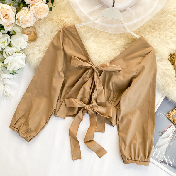 Bluza scurta casual dama cu decolteu spitz si cravate in mai multe culori