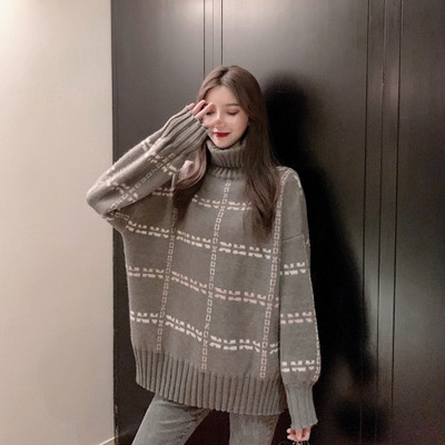 Pulover gros de dama in negru si gri cu model