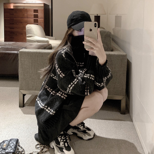 Pulover gros de dama in negru si gri cu model