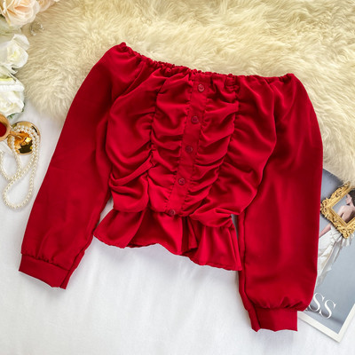 Bluza scurta dama casual cu nasturi si umerii goi in mai multe culori