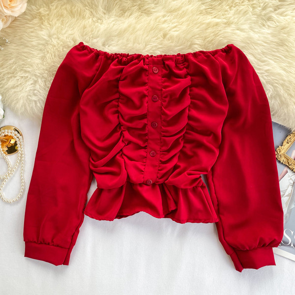 Bluza scurta dama casual cu nasturi si umerii goi in mai multe culori