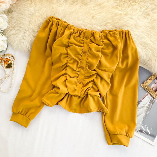 Bluza scurta dama casual cu nasturi si umerii goi in mai multe culori