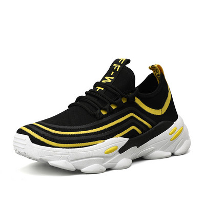 Adidasi moderni pentru barbati cu sireturi si talpa groasa in alb, negru si galben