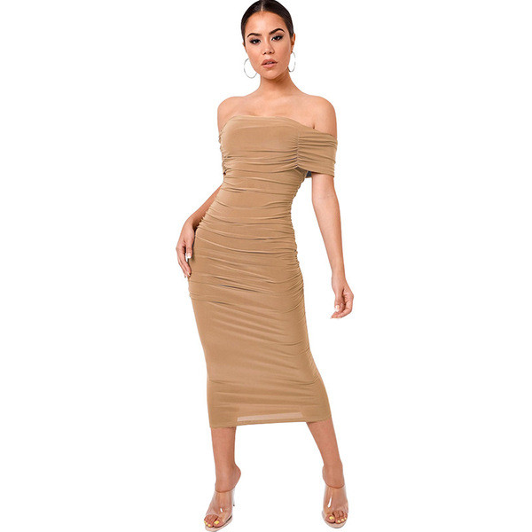 Κομψό γυναικείο φόρεμα με μανίκια και βαθύ λαιμόκοψη σε δύο χρώματα