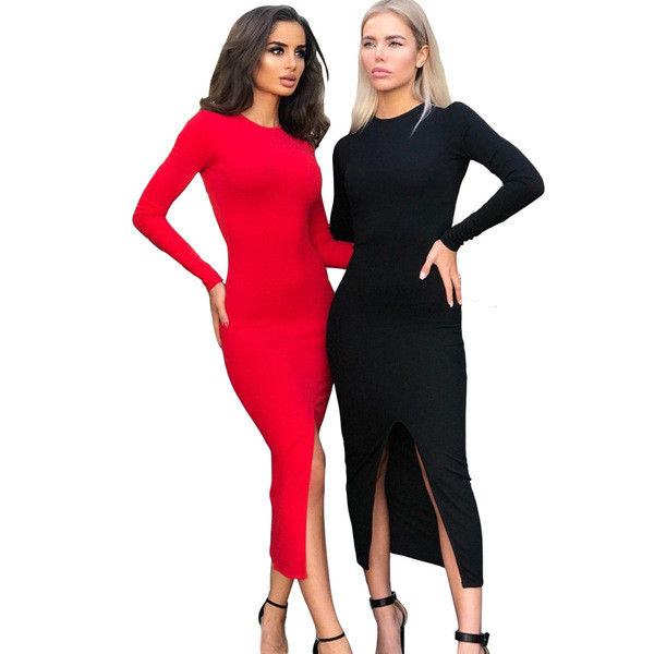 Rochie lungă de damă modernă, cu fante și mâneci lungi în roșu și negru