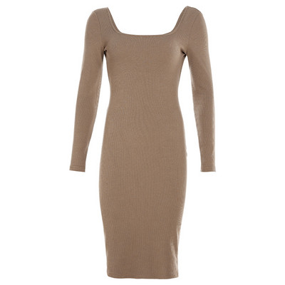 Rochie casual de dama cu decolteu O si maneci lungi de culoare maro