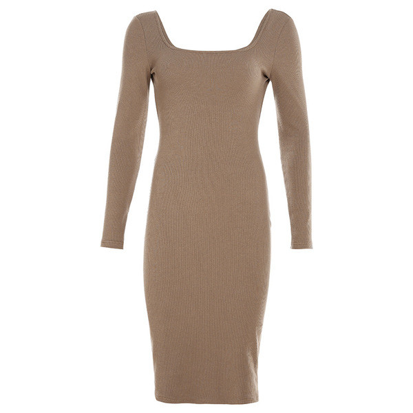 Rochie casual de dama cu decolteu O si maneci lungi de culoare maro