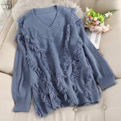 Pulover de dama modern cu decolteu spitz si franjuri in mai multe culori