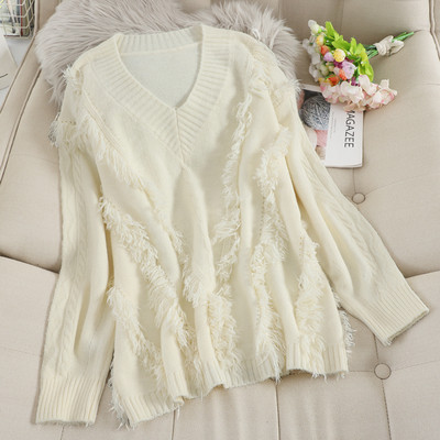 Pulover de dama modern cu decolteu spitz si franjuri in mai multe culori