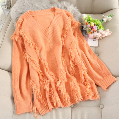 Pulover de dama modern cu decolteu spitz si franjuri in mai multe culori