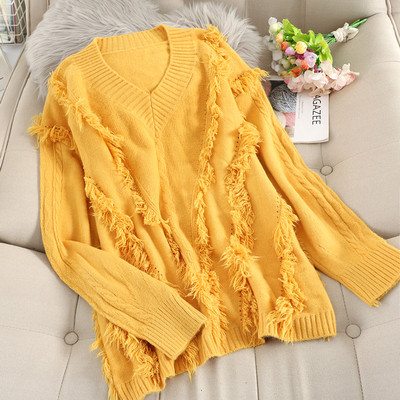 Pulover de dama modern cu decolteu spitz si franjuri in mai multe culori