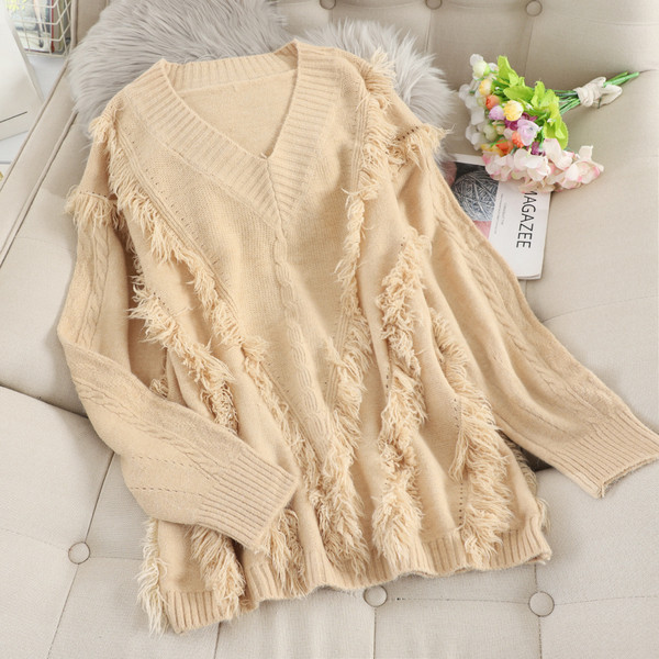 Pulover de dama modern cu decolteu spitz si franjuri in mai multe culori