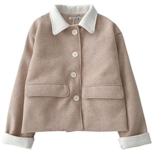 Ежедневно дамско късо палто в бежов и син цвят с копчета