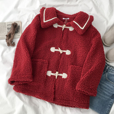 Palton casual de dama cu nasturi si buzunar in rosu