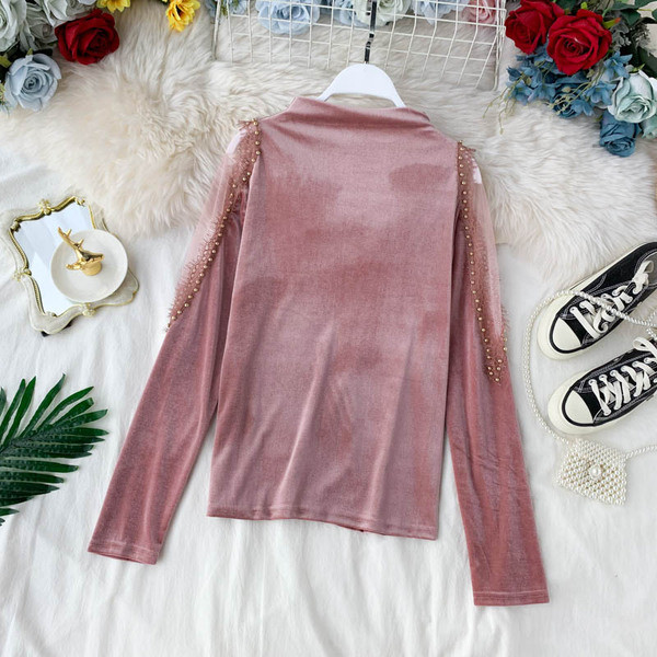 Bluză de damă elegantă din catifea cu dantelă în patru culori