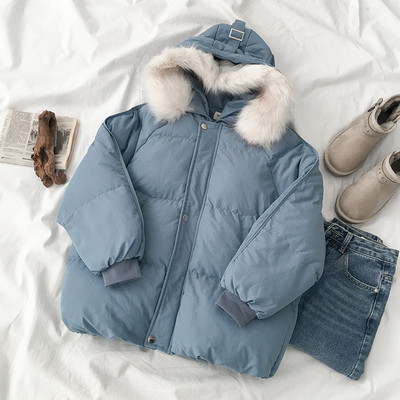 Χειμερινό γυναικείο μπουφάν με κουκούλα και μπλε και άσπρο χρώμα