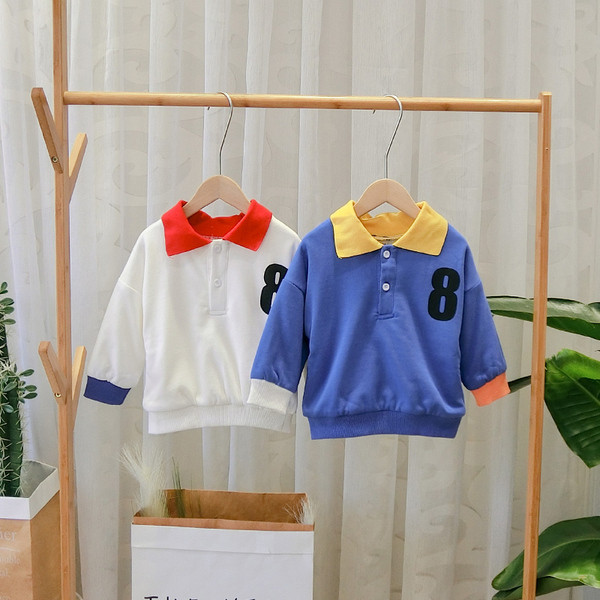 Bluza casual pentru copii cu guler clasic pentru baieti in alb, albastru si portocaliu