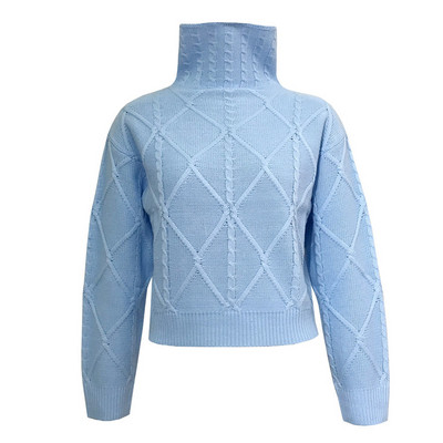 Κομψό γυναικείο πουλόβερ με ψηλό γιακά σε μπλε και άσπρο χρώμα