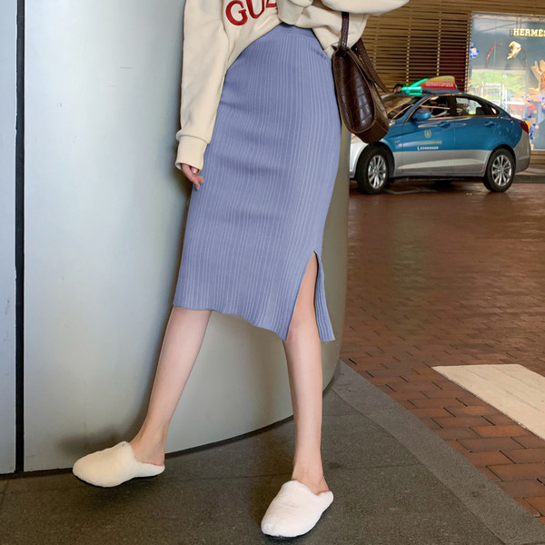 Μακρόστενη πλεκτή φούστα με υψηλή μέση με  σχισμή - τέσσερα χρώματα