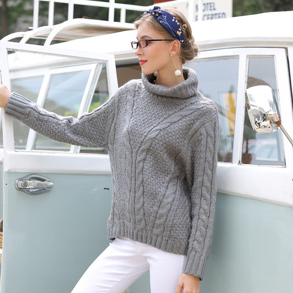 Pulover casual de dama cu guler inalt in portocaliu si gri