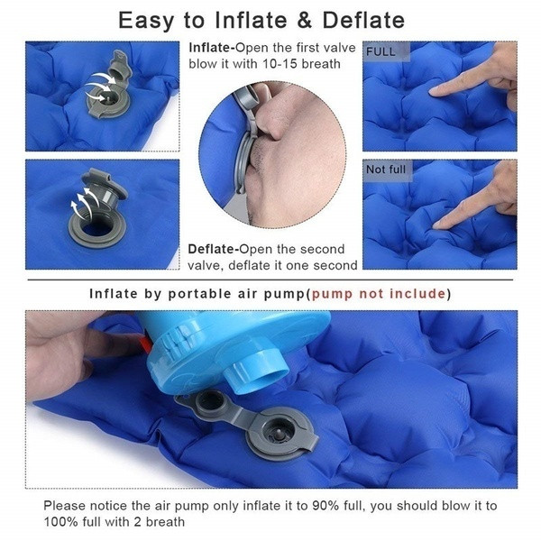 Sac de dormit gonflabil cu perna incorporata in albastru, verde si portocaliu