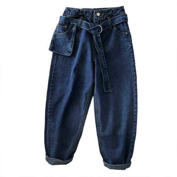 Blugi casual de dama cu curea si buzunar in albastru si negru