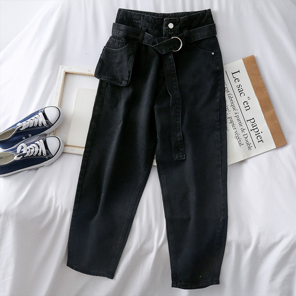 Blugi casual de dama cu curea si buzunar in albastru si negru