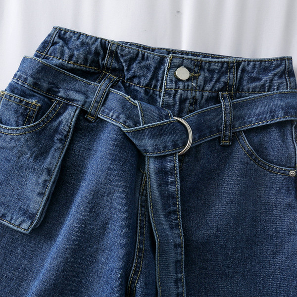 Blugi casual de dama cu curea si buzunar in albastru si negru