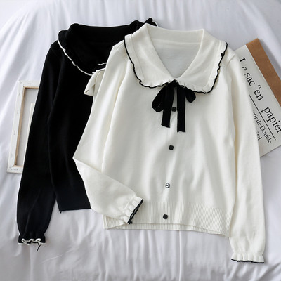 Pulover casual de dama cu panglica si nasturi in alb, negru si maro