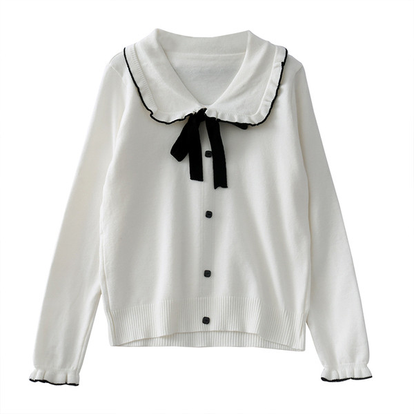 Pulover casual de dama cu panglica si nasturi in alb, negru si maro