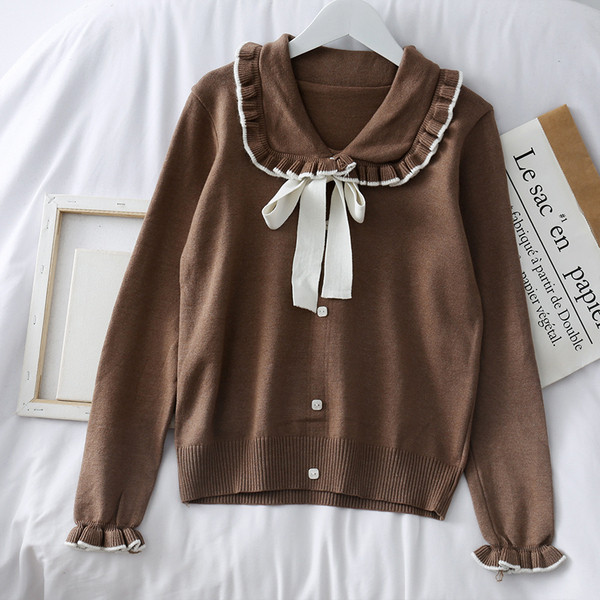 Pulover casual de dama cu panglica si nasturi in alb, negru si maro