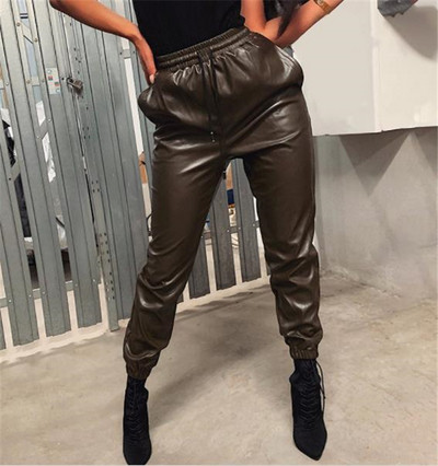 Pantaloni casual dama din piele ecologica cu sireturi si fermoare in trei culori