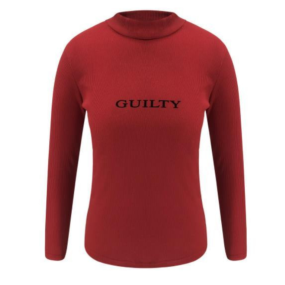 Bluză casual de damă cu guler înalt și inscripție în roșu