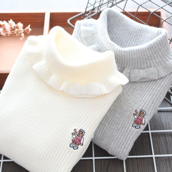 Pulover de dama modern cu guler polo si broderie pentru fete in gri si alb