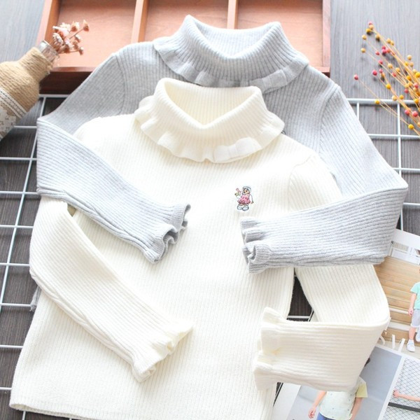 Pulover de dama modern cu guler polo si broderie pentru fete in gri si alb