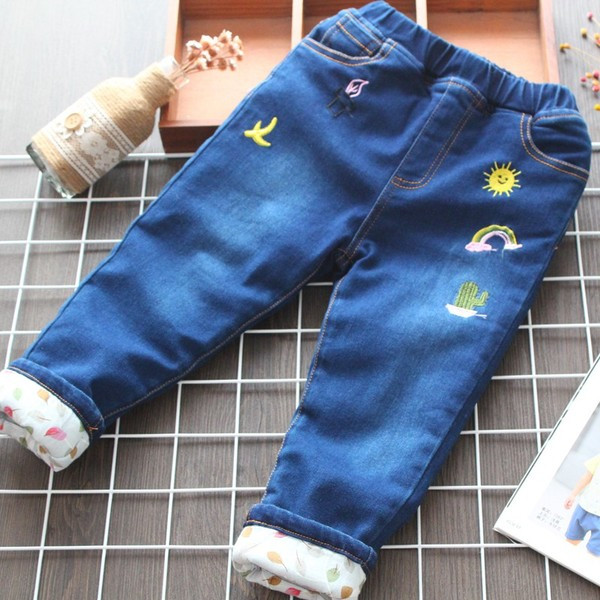 Aktuális gyerekfarmer hímzéssel lányoknak - kék színű