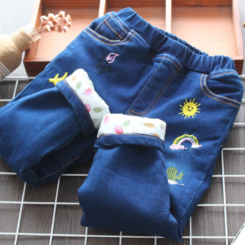 Aktuális gyerekfarmer hímzéssel lányoknak - kék színű