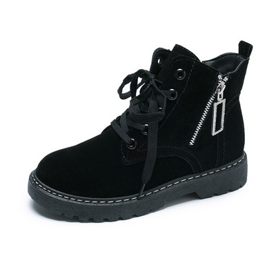 Cizme casual dama din piele intoarsa cu fermoar in negru si maro