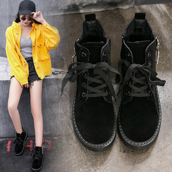 Cizme casual dama din piele intoarsa cu fermoar in negru si maro