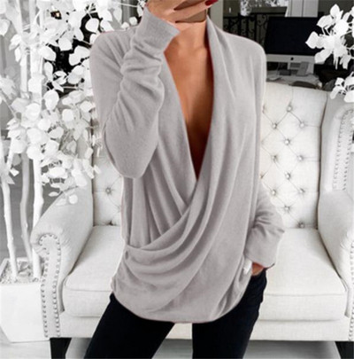 Bluză casual de damă cu decolteu adânc și mâneci lungi în mai multe culori