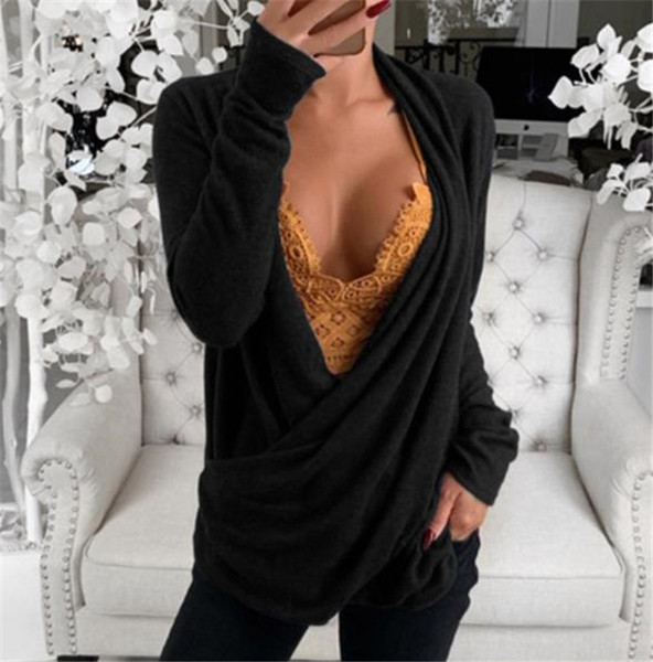 Bluză casual de damă cu decolteu adânc și mâneci lungi în mai multe culori