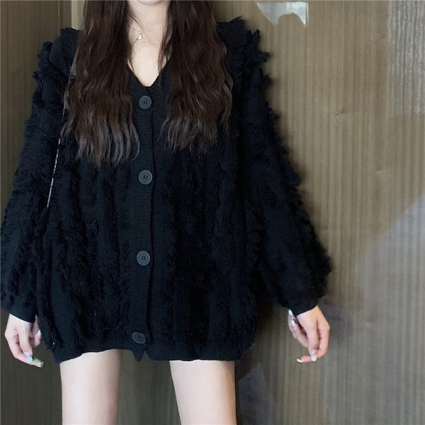 Cardigan de damă cu franjuri și nasturi în alb și negru