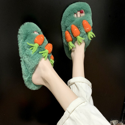 Papuci de puf de damă cu element 3D în verde și maro