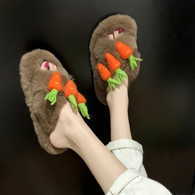 Papuci de puf de damă cu element 3D în verde și maro