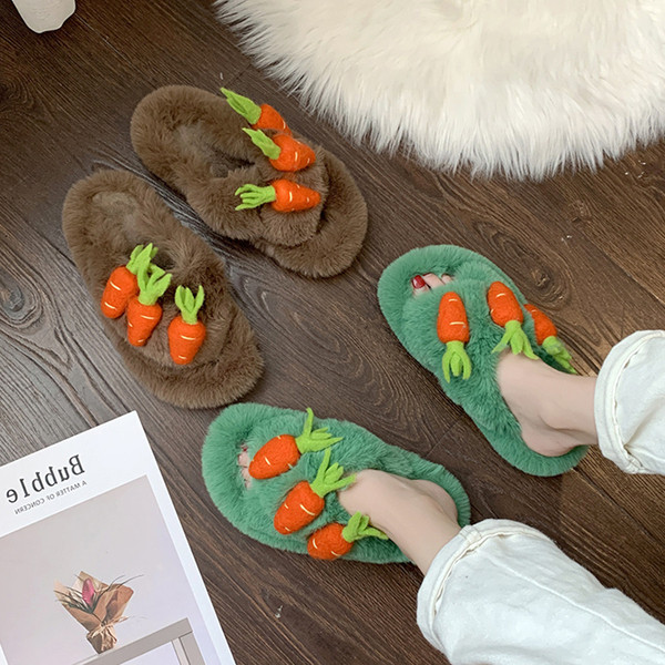 Papuci de puf de damă cu element 3D în verde și maro